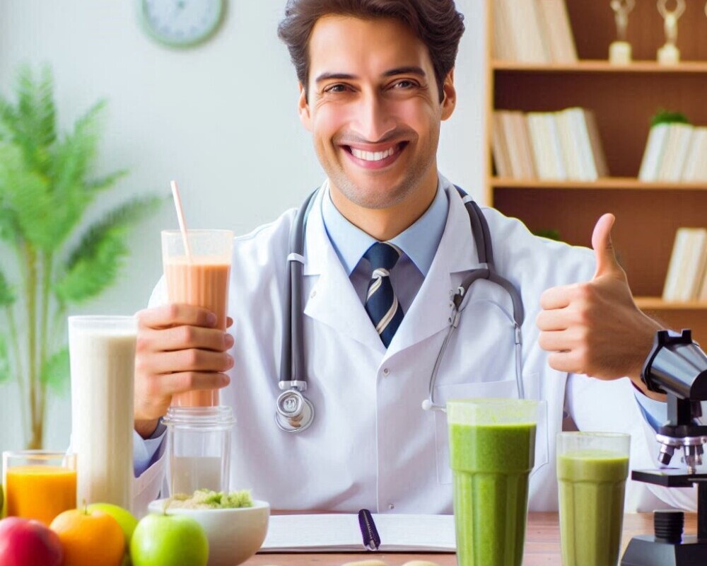 a doctor drinking a smoothie and giving a thumbs-up
