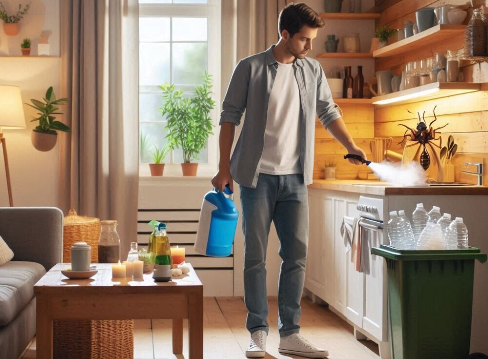 A man spraying pesticides to kill a bug and scented candles burning