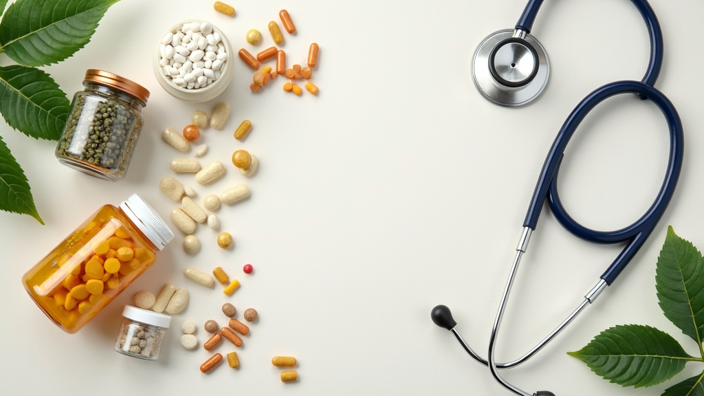 Assorted natural supplements and herbal capsules on a neutral background next to a stethoscope, surrounded by fresh green leaves and glass jars.