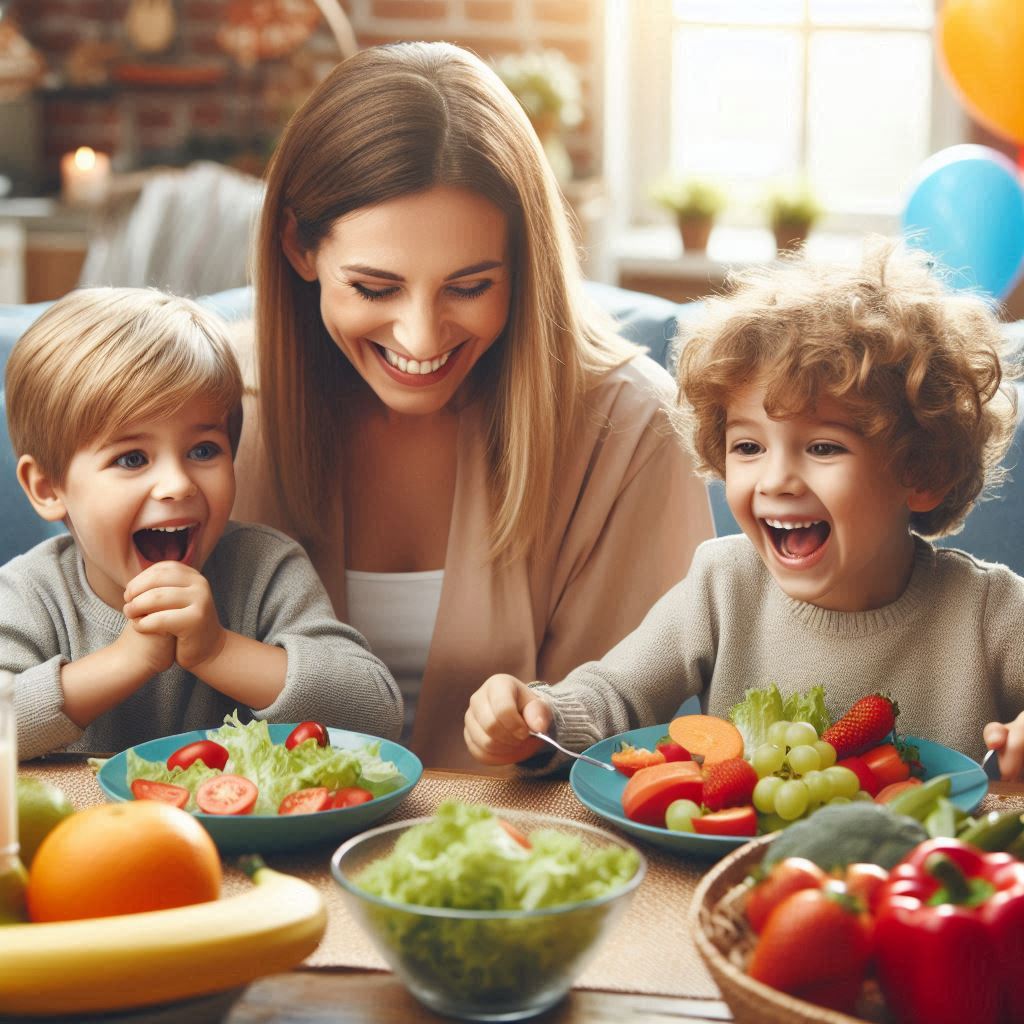 A mother and her happy children eating great.