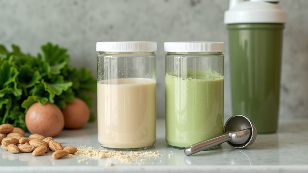 Protein powder and green powder containers on a kitchen counter with a scoop and smoothie shaker.