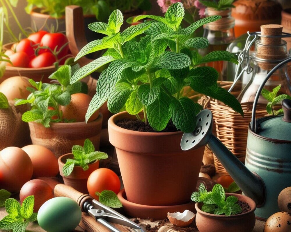 Mint plant in a pot with veggies all around