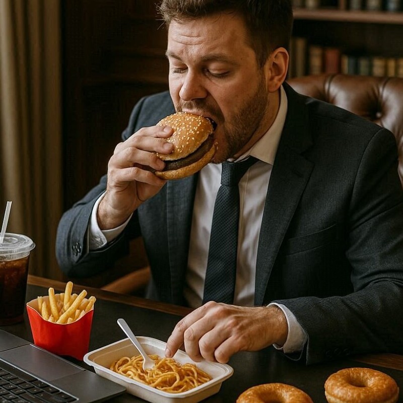 unhealthy man eating at work
